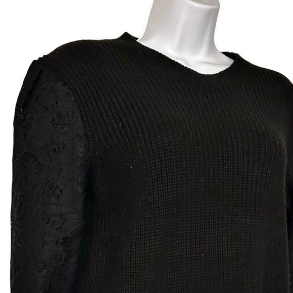 Ann Taylor Black Wool Blend Sweater Short Lace Sleeves Size M Sheer Bottom Hem - Picture 9 of 9